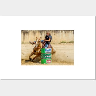 Barrel racer rounding a barrel Posters and Art